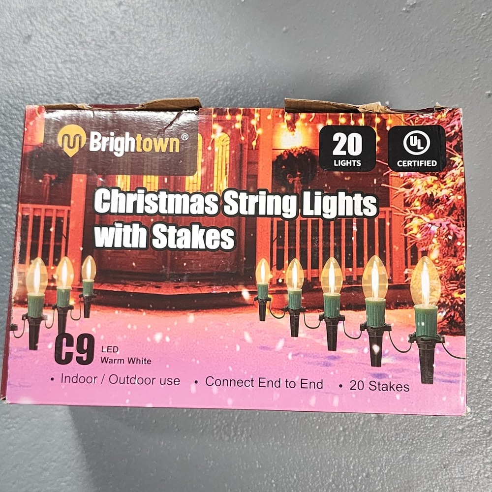 Brightown Christmas String Lights Warm White 26FT C9 LED 20 Lights Stakes NWB